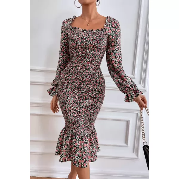 imagePRETTYGARDEN Womens Long Puff Sleeve Floral Midi Bodycon Dresses Square Neck Ruffle Mermaid Smocked DressBlack Orange