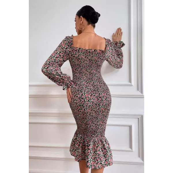 imagePRETTYGARDEN Womens Long Puff Sleeve Floral Midi Bodycon Dresses Square Neck Ruffle Mermaid Smocked DressBlack Orange