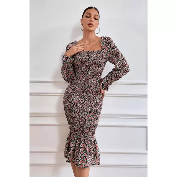 imagePRETTYGARDEN Womens Long Puff Sleeve Floral Midi Bodycon Dresses Square Neck Ruffle Mermaid Smocked DressBlack Orange