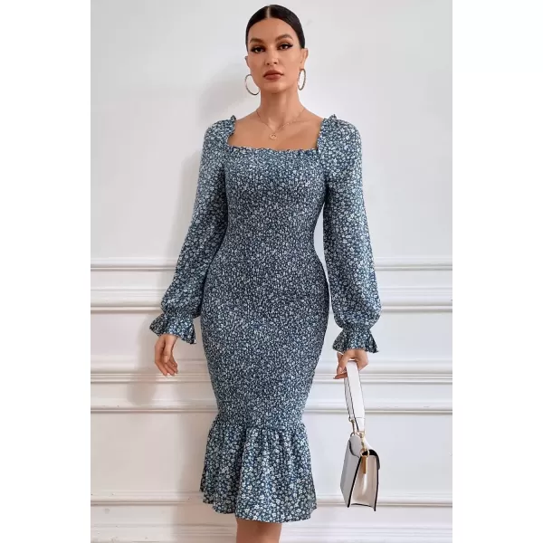 imagePRETTYGARDEN Womens Long Puff Sleeve Floral Midi Bodycon Dresses Square Neck Ruffle Mermaid Smocked DressBlue