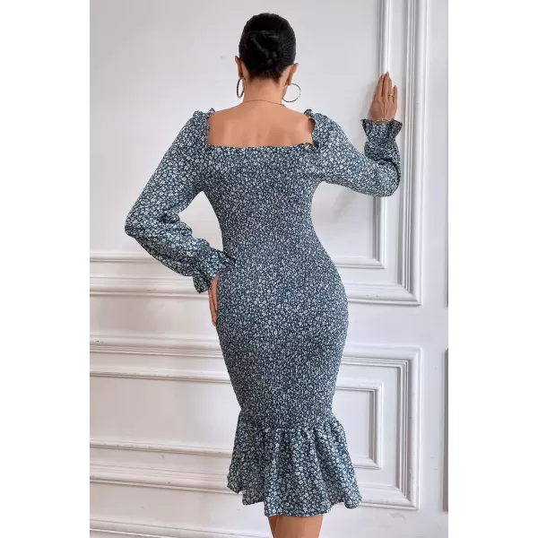 imagePRETTYGARDEN Womens Long Puff Sleeve Floral Midi Bodycon Dresses Square Neck Ruffle Mermaid Smocked DressBlue
