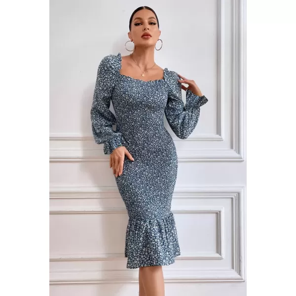 imagePRETTYGARDEN Womens Long Puff Sleeve Floral Midi Bodycon Dresses Square Neck Ruffle Mermaid Smocked DressBlue