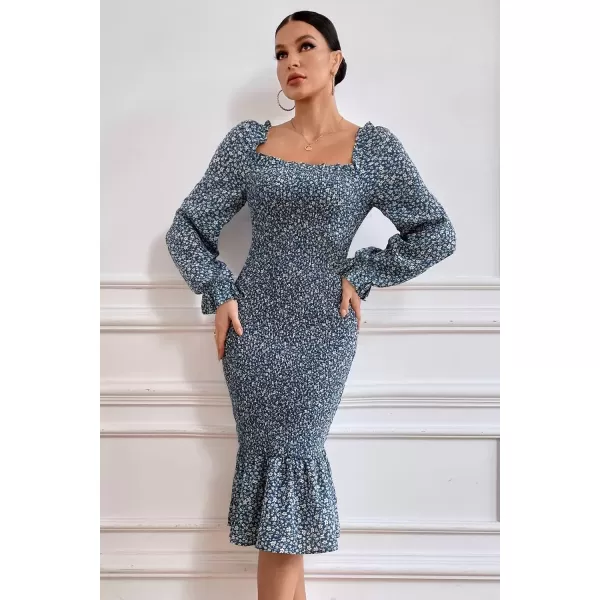 imagePRETTYGARDEN Womens Long Puff Sleeve Floral Midi Bodycon Dresses Square Neck Ruffle Mermaid Smocked DressBlue