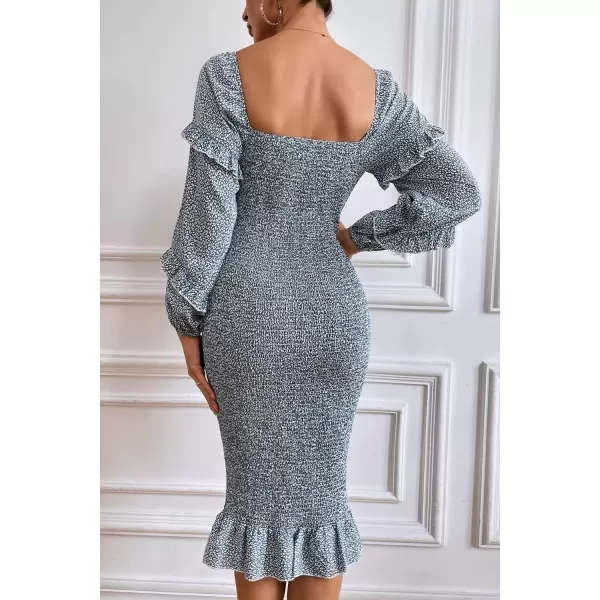 imagePRETTYGARDEN Womens Long Puff Sleeve Floral Midi Bodycon Dresses Square Neck Ruffle Mermaid Smocked DressBlue Leopard