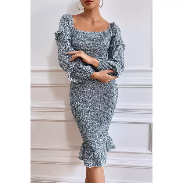 imagePRETTYGARDEN Womens Long Puff Sleeve Floral Midi Bodycon Dresses Square Neck Ruffle Mermaid Smocked DressBlue Leopard