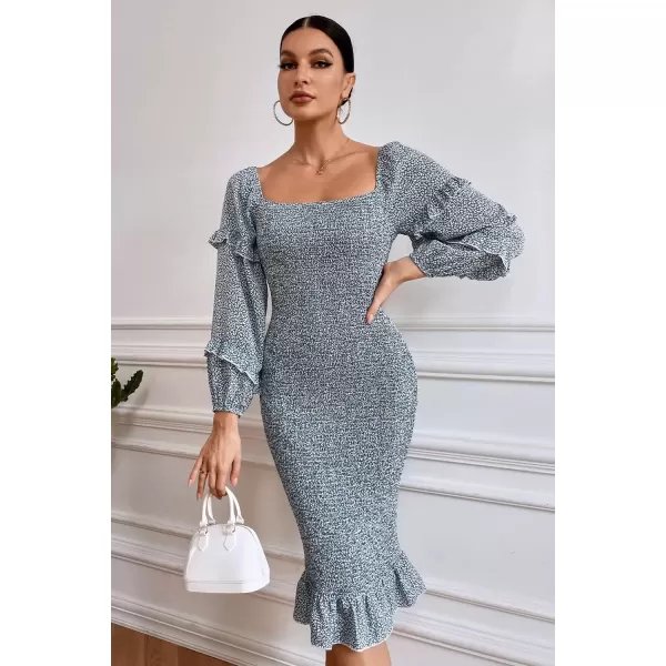 imagePRETTYGARDEN Womens Long Puff Sleeve Floral Midi Bodycon Dresses Square Neck Ruffle Mermaid Smocked DressBlue Leopard