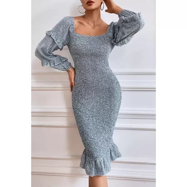 imagePRETTYGARDEN Womens Long Puff Sleeve Floral Midi Bodycon Dresses Square Neck Ruffle Mermaid Smocked DressBlue Leopard