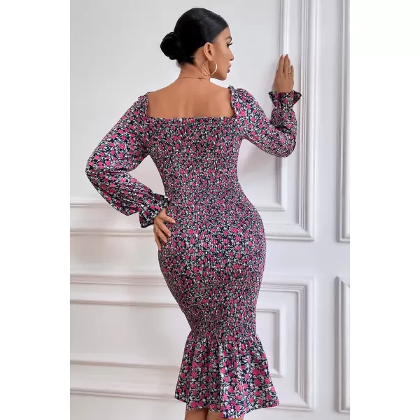 imagePRETTYGARDEN Womens Long Puff Sleeve Floral Midi Bodycon Dresses Square Neck Ruffle Mermaid Smocked DressBlue Purple