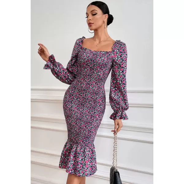 imagePRETTYGARDEN Womens Long Puff Sleeve Floral Midi Bodycon Dresses Square Neck Ruffle Mermaid Smocked DressBlue Purple