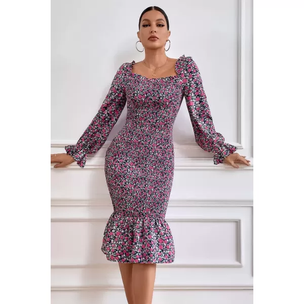 imagePRETTYGARDEN Womens Long Puff Sleeve Floral Midi Bodycon Dresses Square Neck Ruffle Mermaid Smocked DressBlue Purple