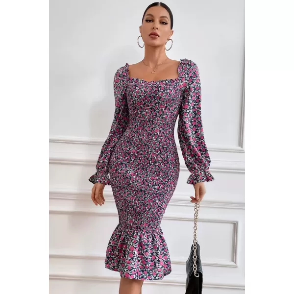 imagePRETTYGARDEN Womens Long Puff Sleeve Floral Midi Bodycon Dresses Square Neck Ruffle Mermaid Smocked DressBlue Purple