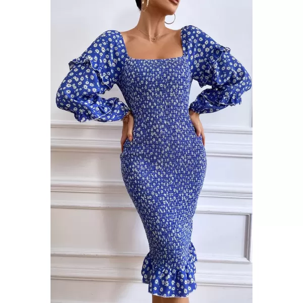 imagePRETTYGARDEN Womens Long Puff Sleeve Floral Midi Bodycon Dresses Square Neck Ruffle Mermaid Smocked DressBlue White