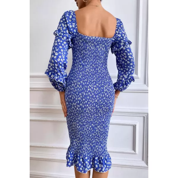 imagePRETTYGARDEN Womens Long Puff Sleeve Floral Midi Bodycon Dresses Square Neck Ruffle Mermaid Smocked DressBlue White