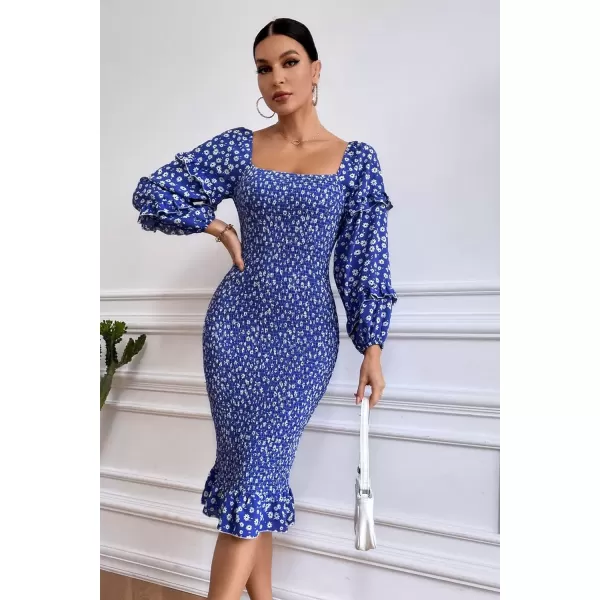imagePRETTYGARDEN Womens Long Puff Sleeve Floral Midi Bodycon Dresses Square Neck Ruffle Mermaid Smocked DressBlue White