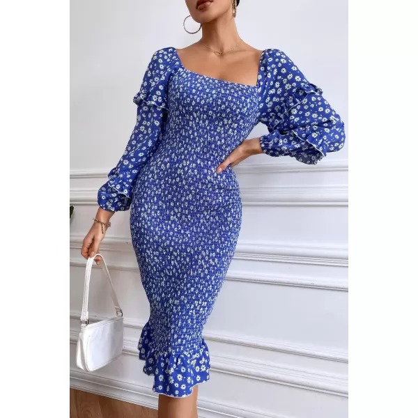imagePRETTYGARDEN Womens Long Puff Sleeve Floral Midi Bodycon Dresses Square Neck Ruffle Mermaid Smocked DressBlue White