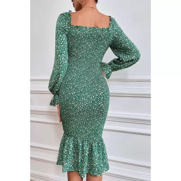 imagePRETTYGARDEN Womens Long Puff Sleeve Floral Midi Bodycon Dresses Square Neck Ruffle Mermaid Smocked DressGreen