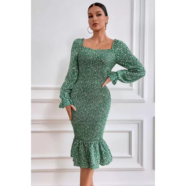 imagePRETTYGARDEN Womens Long Puff Sleeve Floral Midi Bodycon Dresses Square Neck Ruffle Mermaid Smocked DressGreen