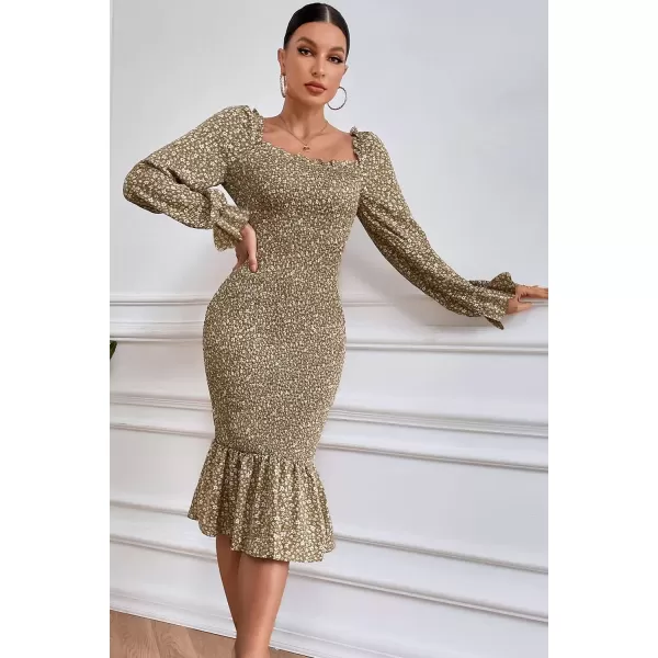 imagePRETTYGARDEN Womens Long Puff Sleeve Floral Midi Bodycon Dresses Square Neck Ruffle Mermaid Smocked DressKhaki