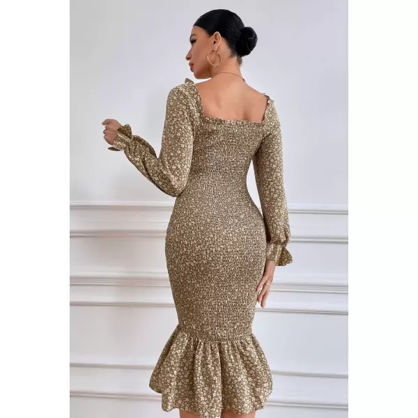 imagePRETTYGARDEN Womens Long Puff Sleeve Floral Midi Bodycon Dresses Square Neck Ruffle Mermaid Smocked DressKhaki