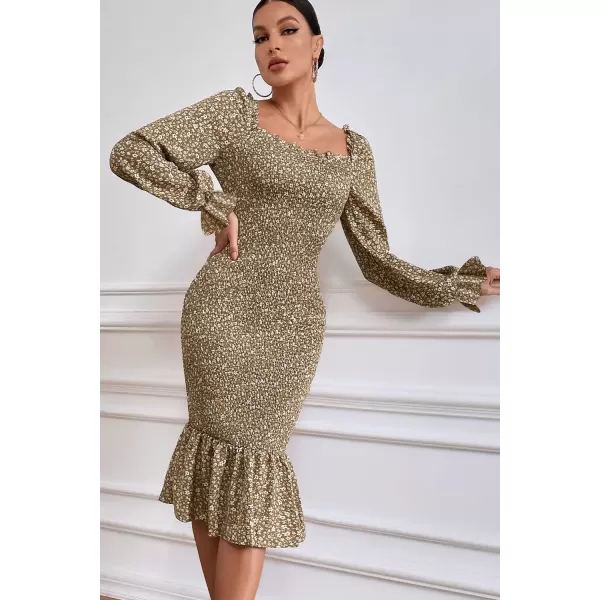 imagePRETTYGARDEN Womens Long Puff Sleeve Floral Midi Bodycon Dresses Square Neck Ruffle Mermaid Smocked DressKhaki