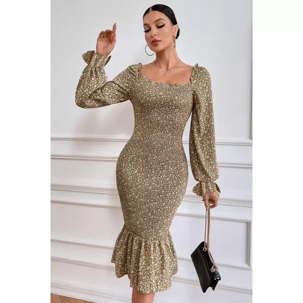 imagePRETTYGARDEN Womens Long Puff Sleeve Floral Midi Bodycon Dresses Square Neck Ruffle Mermaid Smocked DressKhaki