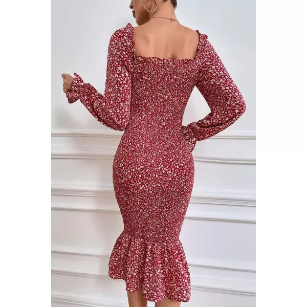 imagePRETTYGARDEN Womens Long Puff Sleeve Floral Midi Bodycon Dresses Square Neck Ruffle Mermaid Smocked DressRed