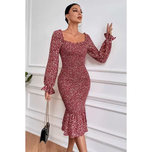 imagePRETTYGARDEN Womens Long Puff Sleeve Floral Midi Bodycon Dresses Square Neck Ruffle Mermaid Smocked DressRed