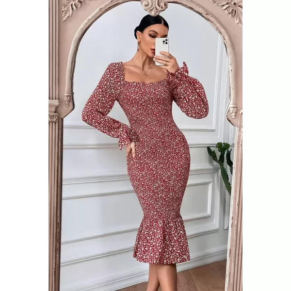 imagePRETTYGARDEN Womens Long Puff Sleeve Floral Midi Bodycon Dresses Square Neck Ruffle Mermaid Smocked DressRed