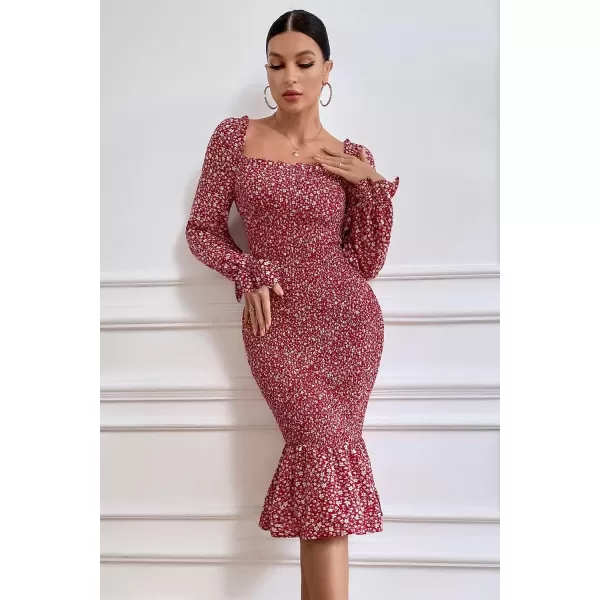 imagePRETTYGARDEN Womens Long Puff Sleeve Floral Midi Bodycon Dresses Square Neck Ruffle Mermaid Smocked DressRed