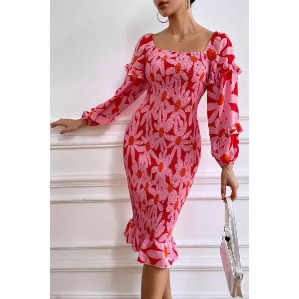 imagePRETTYGARDEN Womens Long Puff Sleeve Floral Midi Bodycon Dresses Square Neck Ruffle Mermaid Smocked DressRed Floral