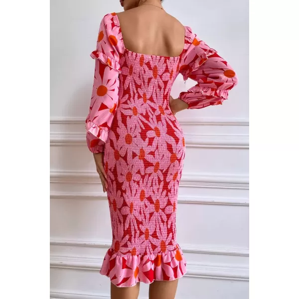 imagePRETTYGARDEN Womens Long Puff Sleeve Floral Midi Bodycon Dresses Square Neck Ruffle Mermaid Smocked DressRed Floral