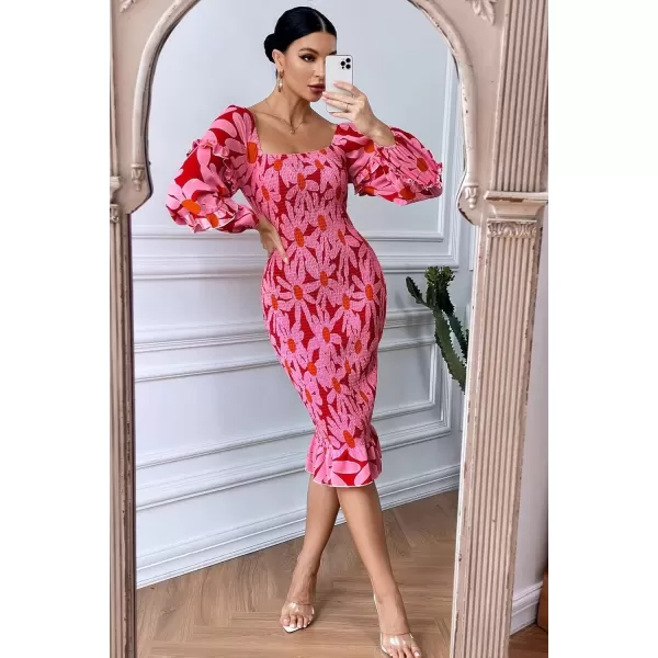 imagePRETTYGARDEN Womens Long Puff Sleeve Floral Midi Bodycon Dresses Square Neck Ruffle Mermaid Smocked DressRed Floral