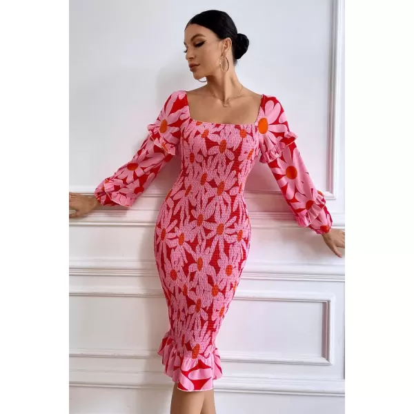 imagePRETTYGARDEN Womens Long Puff Sleeve Floral Midi Bodycon Dresses Square Neck Ruffle Mermaid Smocked DressRed Floral
