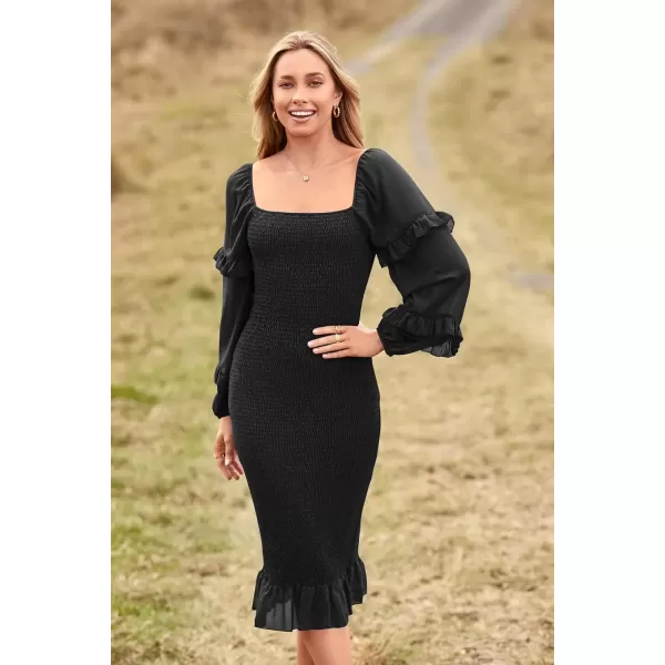 imagePRETTYGARDEN Womens Long Puff Sleeve Floral Midi Bodycon Dresses Square Neck Ruffle Mermaid Smocked DressSolid Black
