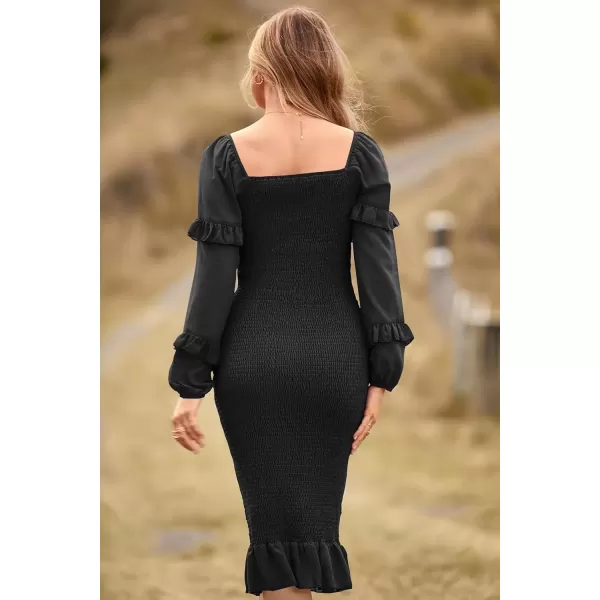 imagePRETTYGARDEN Womens Long Puff Sleeve Floral Midi Bodycon Dresses Square Neck Ruffle Mermaid Smocked DressSolid Black