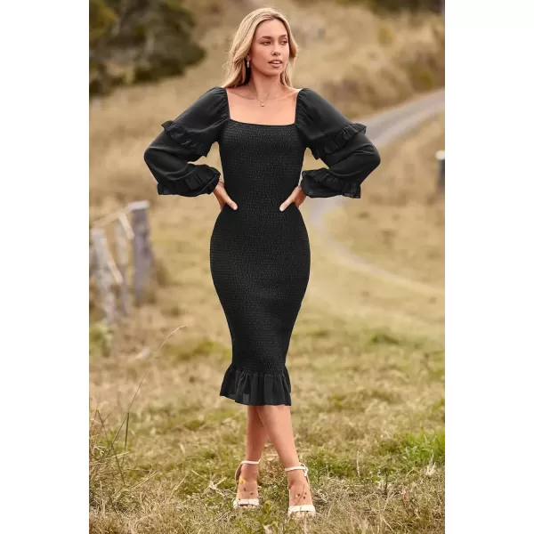 imagePRETTYGARDEN Womens Long Puff Sleeve Floral Midi Bodycon Dresses Square Neck Ruffle Mermaid Smocked DressSolid Black