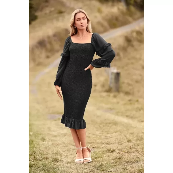 imagePRETTYGARDEN Womens Long Puff Sleeve Floral Midi Bodycon Dresses Square Neck Ruffle Mermaid Smocked DressSolid Black