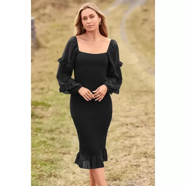 imagePRETTYGARDEN Womens Long Puff Sleeve Floral Midi Bodycon Dresses Square Neck Ruffle Mermaid Smocked DressSolid Black