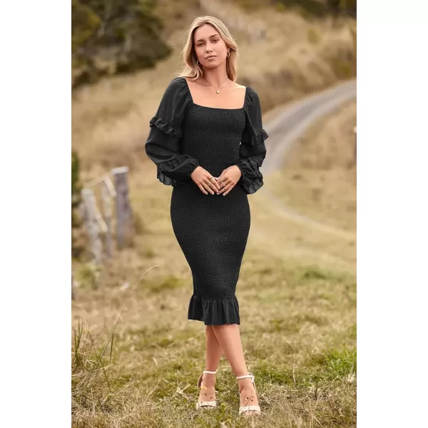 imagePRETTYGARDEN Womens Long Puff Sleeve Floral Midi Bodycon Dresses Square Neck Ruffle Mermaid Smocked DressSolid Black