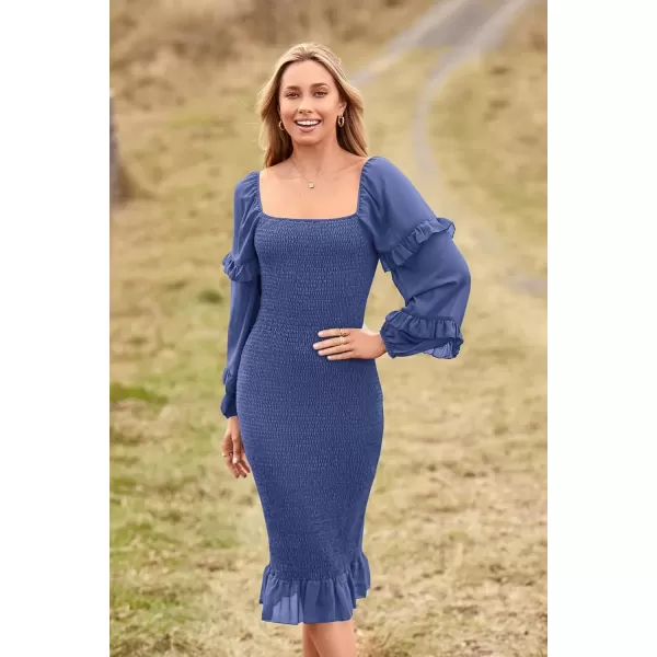 imagePRETTYGARDEN Womens Long Puff Sleeve Floral Midi Bodycon Dresses Square Neck Ruffle Mermaid Smocked DressSolid Dark Blue