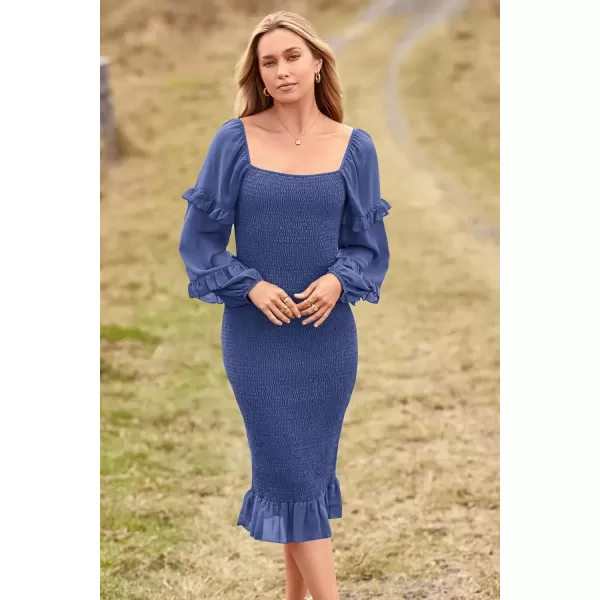 imagePRETTYGARDEN Womens Long Puff Sleeve Floral Midi Bodycon Dresses Square Neck Ruffle Mermaid Smocked DressSolid Dark Blue