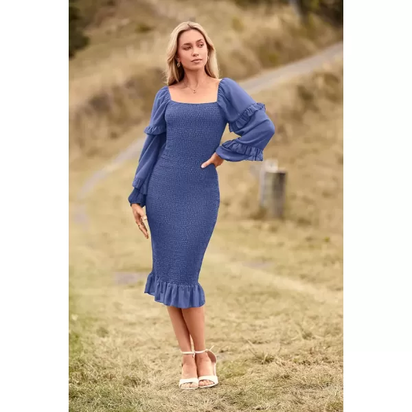 imagePRETTYGARDEN Womens Long Puff Sleeve Floral Midi Bodycon Dresses Square Neck Ruffle Mermaid Smocked DressSolid Dark Blue