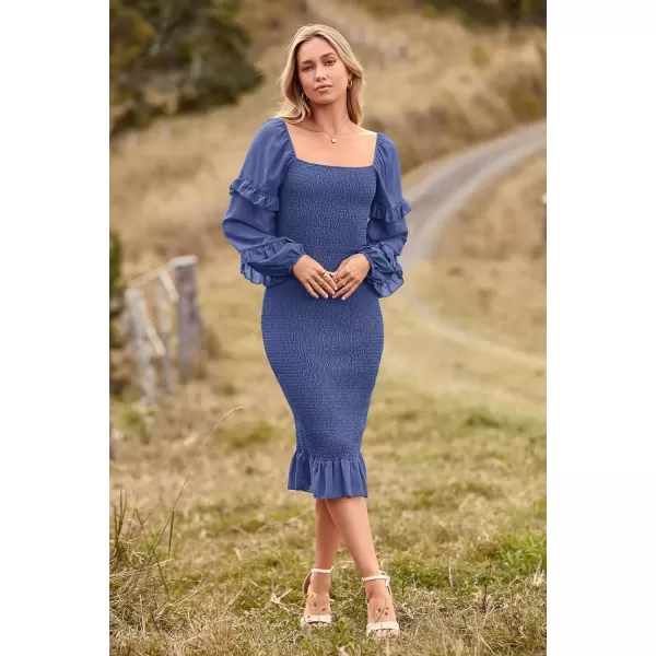 imagePRETTYGARDEN Womens Long Puff Sleeve Floral Midi Bodycon Dresses Square Neck Ruffle Mermaid Smocked DressSolid Dark Blue