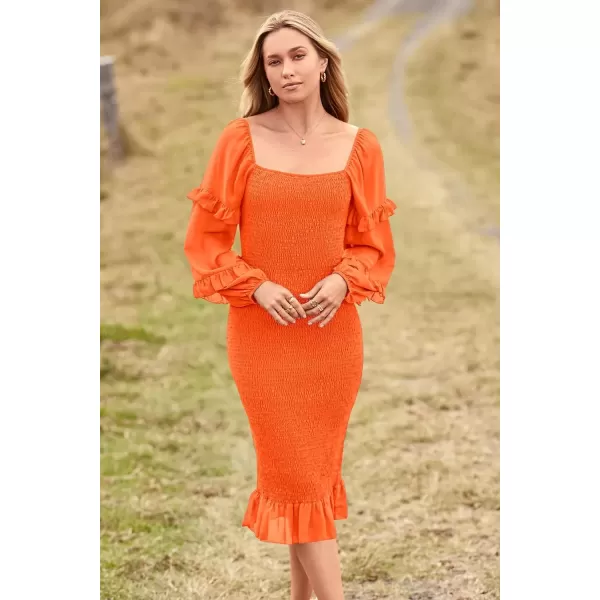 imagePRETTYGARDEN Womens Long Puff Sleeve Floral Midi Bodycon Dresses Square Neck Ruffle Mermaid Smocked DressSolid Orange