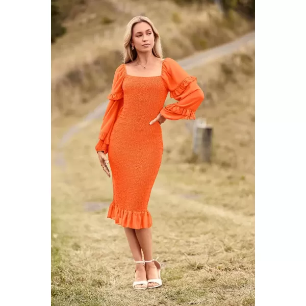 imagePRETTYGARDEN Womens Long Puff Sleeve Floral Midi Bodycon Dresses Square Neck Ruffle Mermaid Smocked DressSolid Orange