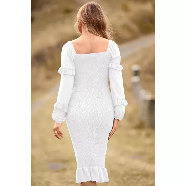 imagePRETTYGARDEN Womens Long Puff Sleeve Floral Midi Bodycon Dresses Square Neck Ruffle Mermaid Smocked DressSolid White