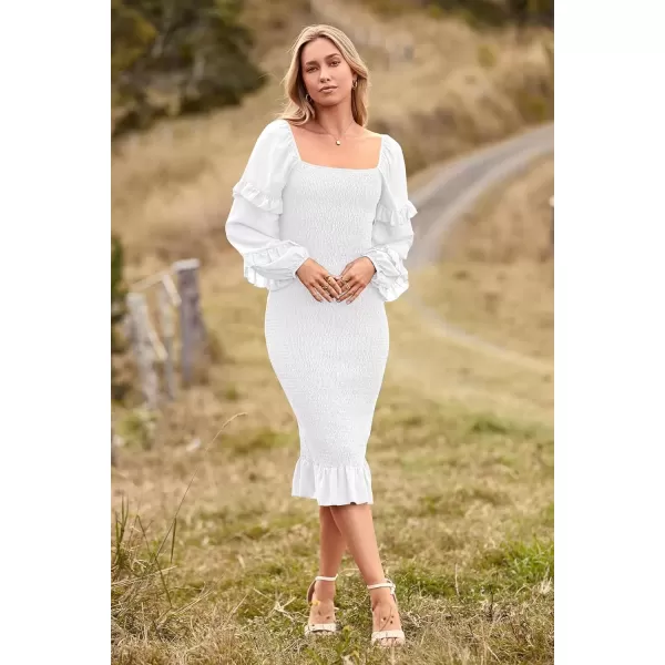 imagePRETTYGARDEN Womens Long Puff Sleeve Floral Midi Bodycon Dresses Square Neck Ruffle Mermaid Smocked DressSolid White