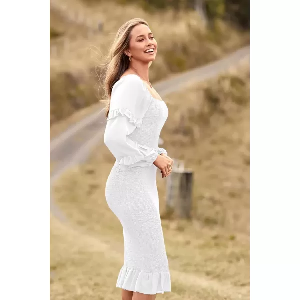 imagePRETTYGARDEN Womens Long Puff Sleeve Floral Midi Bodycon Dresses Square Neck Ruffle Mermaid Smocked DressSolid White
