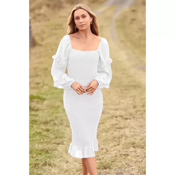 imagePRETTYGARDEN Womens Long Puff Sleeve Floral Midi Bodycon Dresses Square Neck Ruffle Mermaid Smocked DressSolid White