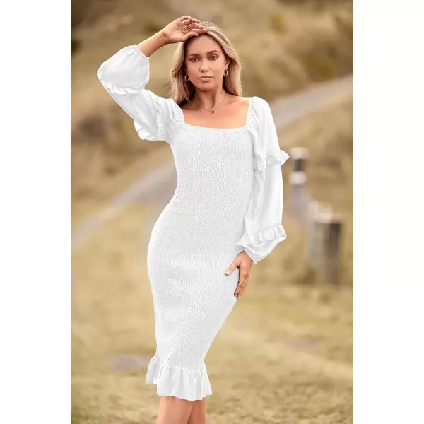 imagePRETTYGARDEN Womens Long Puff Sleeve Floral Midi Bodycon Dresses Square Neck Ruffle Mermaid Smocked DressSolid White
